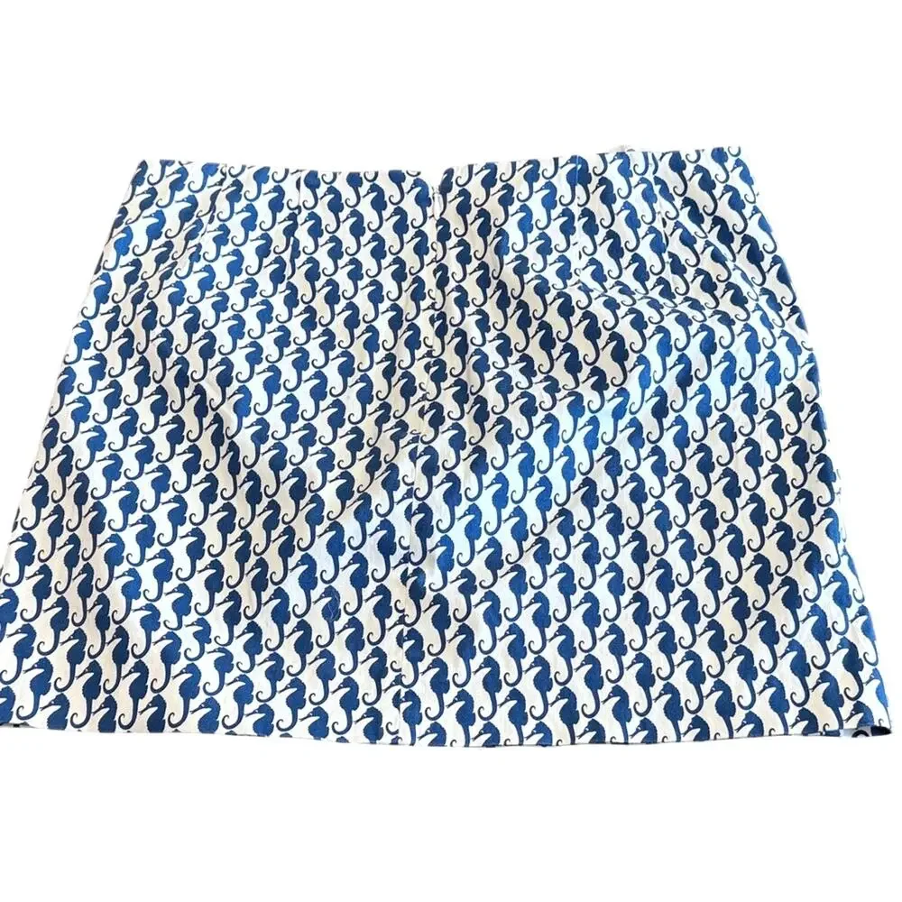 J.Crew Seahorse Print Mini Skirt Blue White Cotton Size 6 Coastal Preppy